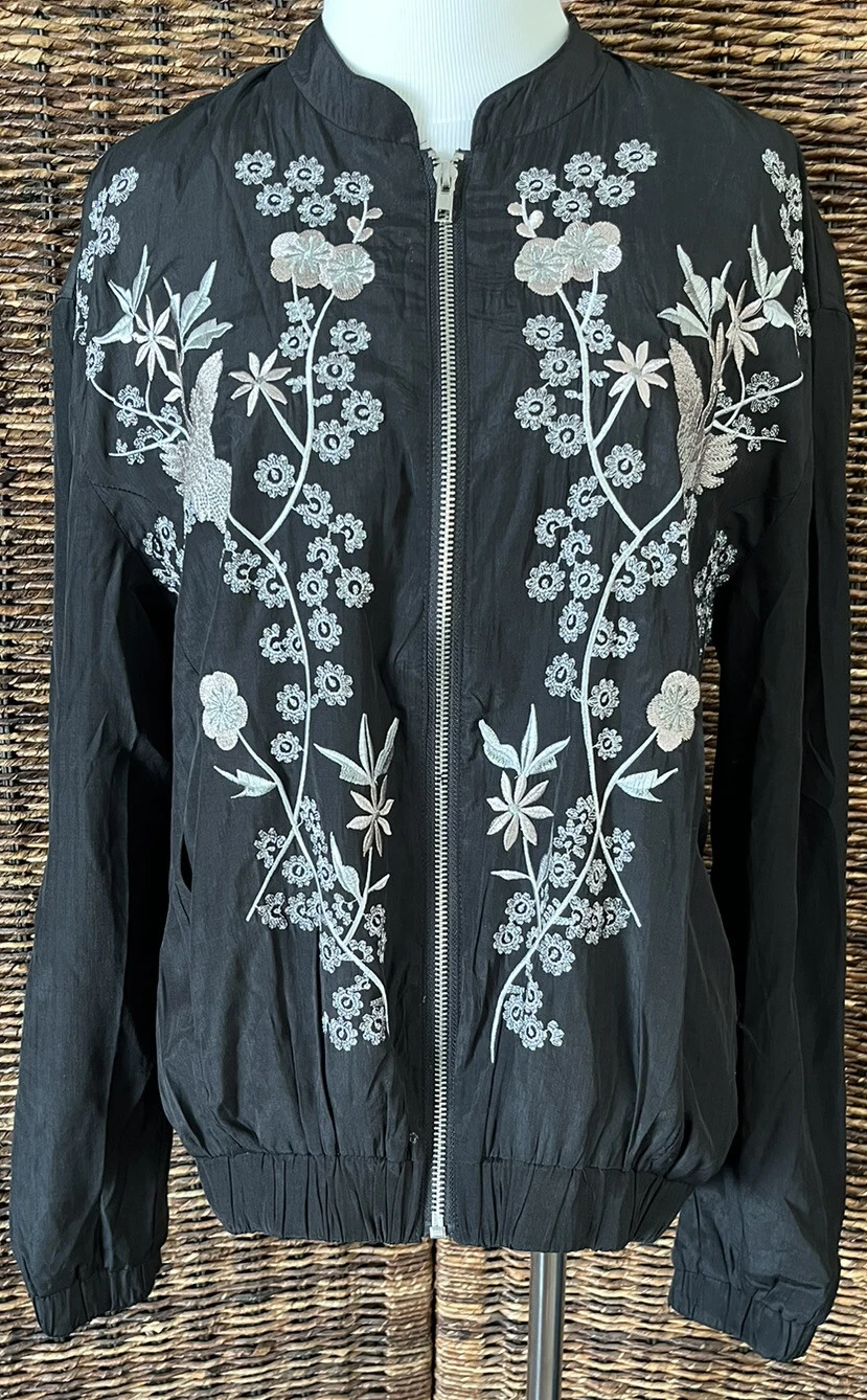 MIEEION Floral Embroidered Bomber Jacket Windbreaker, Black White, M