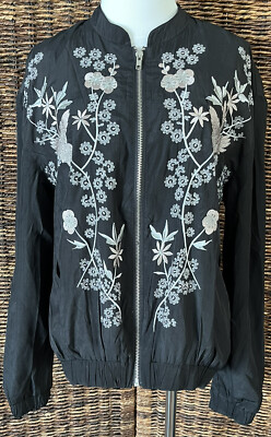 MIEEION Floral Embroidered Bomber Jacket Windbreaker, Black White, M