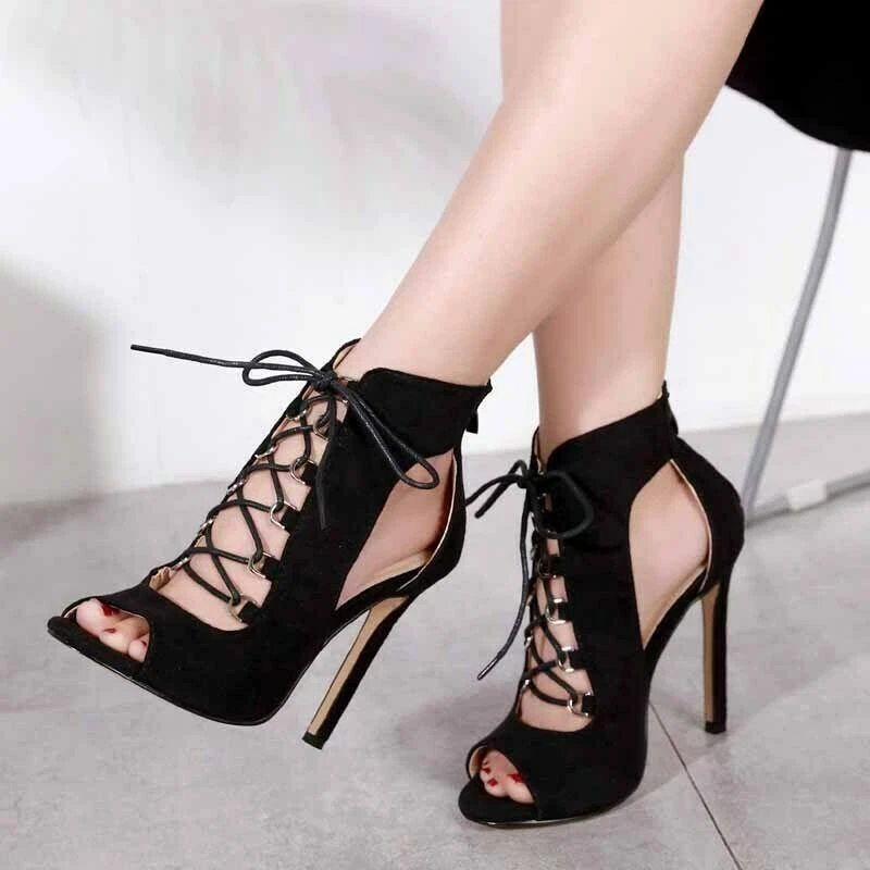 Womens Lace Up High Heels Hollow Out Sandals Peep Toe Stilettos Party Shoes