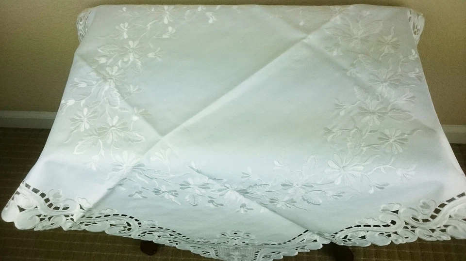 Wedding Fabric Solid White Embroidered Cutwork 33" Embroidery Tablecloth Square - Image 2 of 4