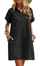 Womens Cotton Shirt Dress Summer Casual Short Sleeve Black Sz L