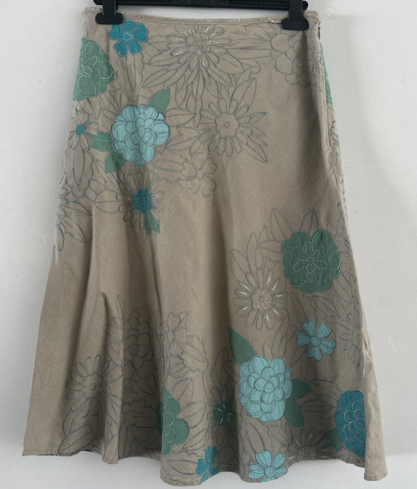 Monsoon Size 8 Linen Embroidered Beige Turquoise Green Skirt