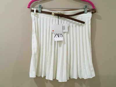 Zara Womens L Beth Pleated Mini Skirt Belt White Oyster old Money New 1165/069