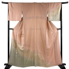 Japanese Silk Houmongi Kimono M 162cm Light pink Blown leaves Excellent 5023277