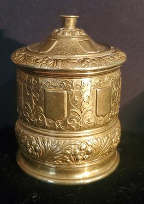 Antique Embossed Brass String Twine Box Container Holder 4 x3  Round