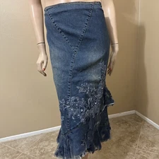 Women’s Blue Denim Cotton Stretch Boho Beads Lace Zipper  Size M(6-8) Skirt 3475