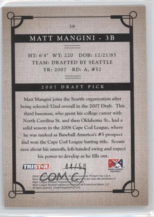 2007 TRISTAR Prospects Plus Green /50 Matt Mangini #38 - Image 2 of 2