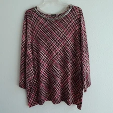 Talbots Embellished Top Women's Plus Size 3X Pink Brown Herringbone Merino Wool