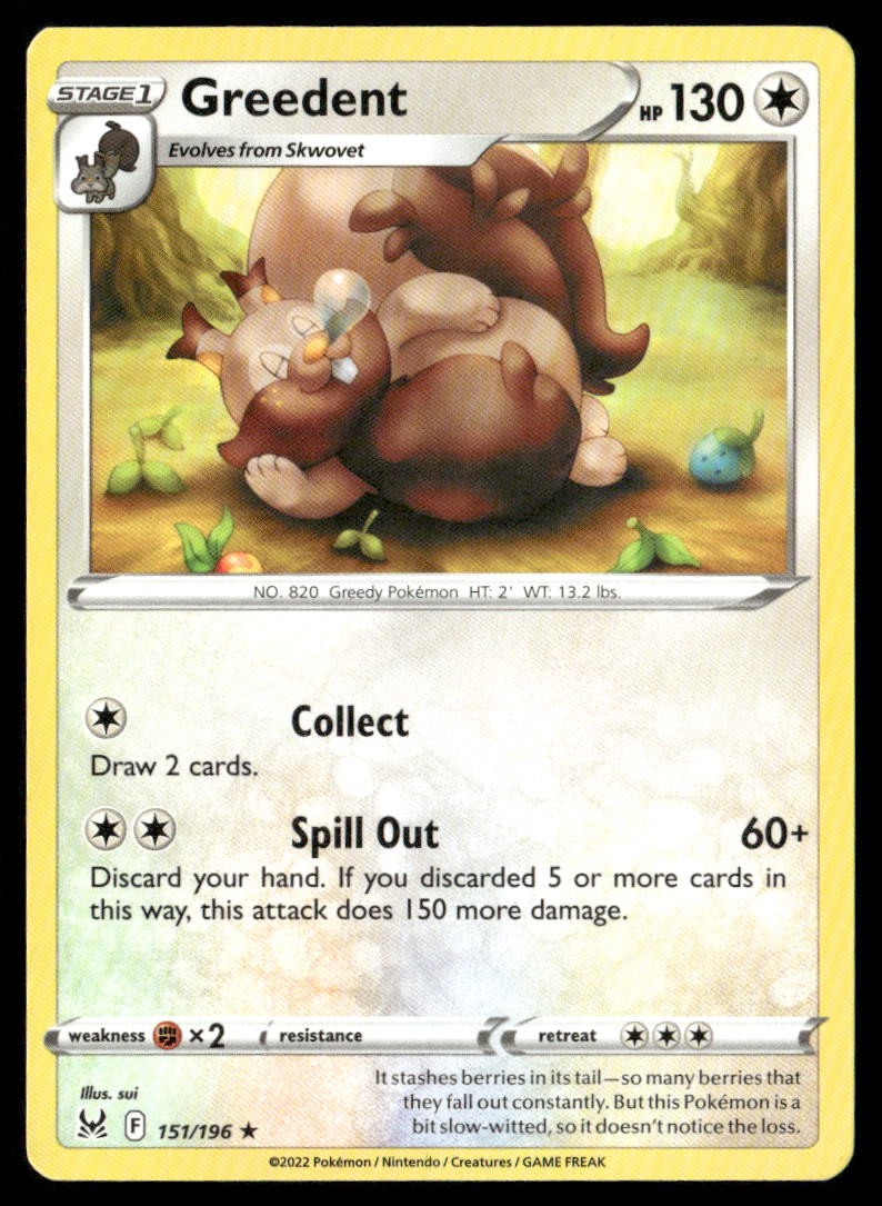 Greedent Lost Origin 151/196 Rare Pokemon Near Mint