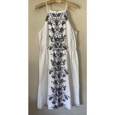 Maison Jules Womens White Navy Blue Embroidered Cotton Halter Midi Dress XL