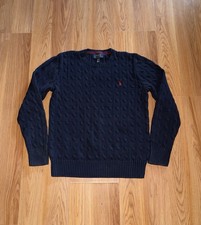 Polo Ralph Lauren boys size L 14/16 navy blue cable knit sweater Preppy Classic