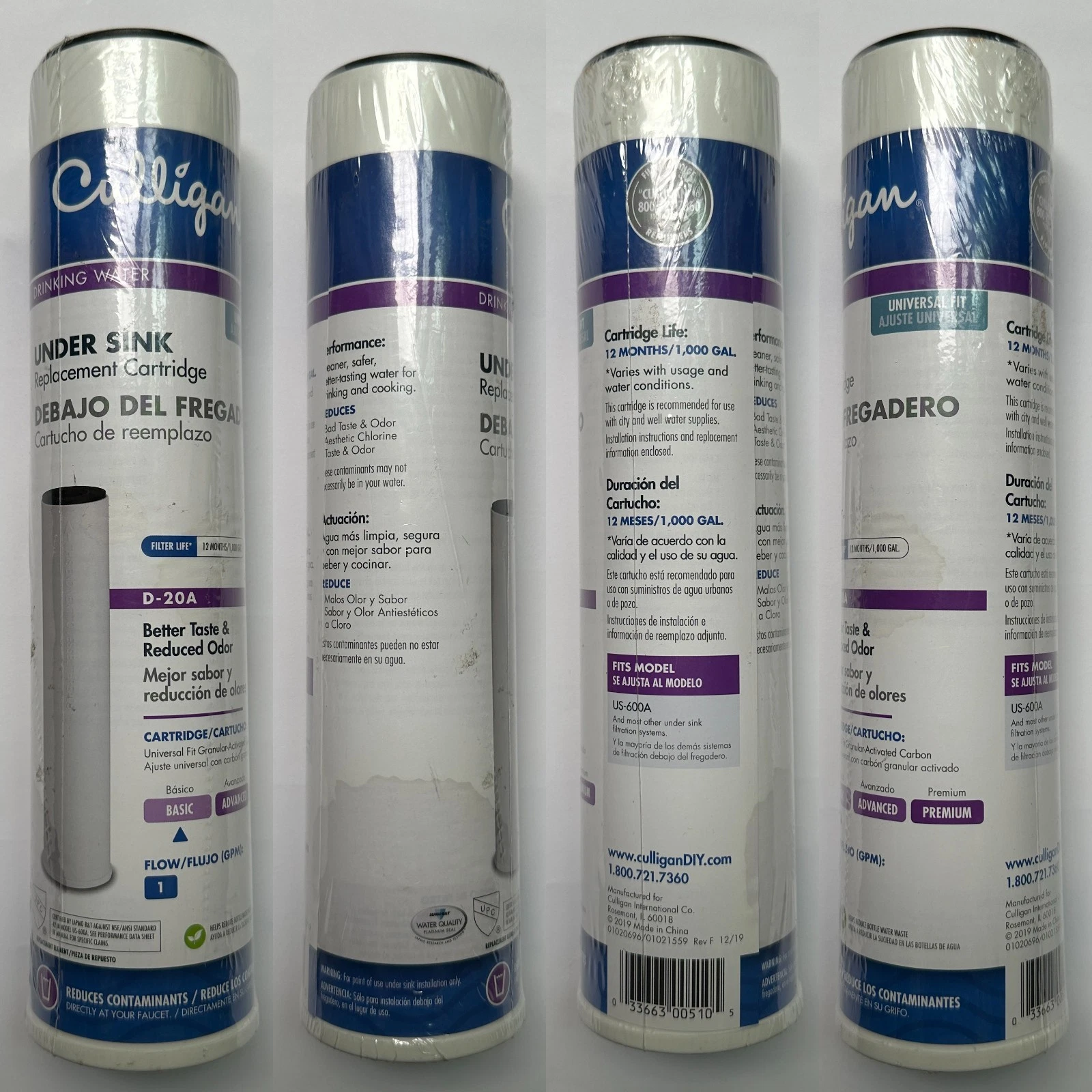Culligan D-20A Water Filter 4 Pack Under Sink Replacement Cartridge US-600A