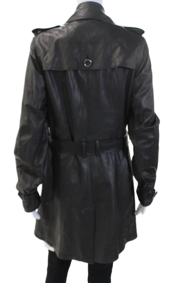 Burberry Brit Womens Trench Coat Black Lambskin Collared Long Sleeve Size 10 - Image 3 of 4