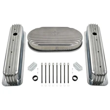 Polished Tall Finned Aluminum Valve Cover & 15" Air Cleaner For SBC Chevy 87-97
