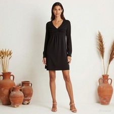 Vintage Retro Mini Dress Black Jersey Shift V-Neck Ruching Mod BETTY XS