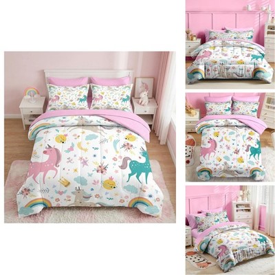 Nesker 7 Pcs Comforter Set Full Size, Cute Colorful Unicorns Bedding Set Kids