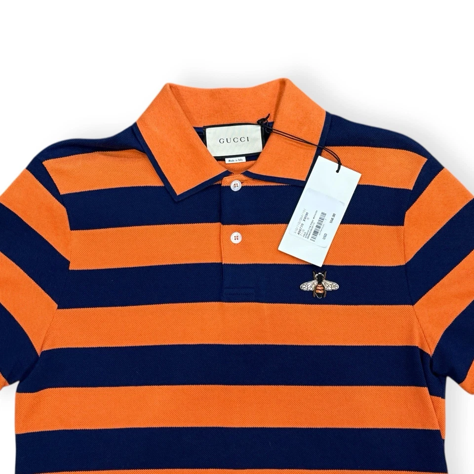 Camisa Polo 100% Auténtica GUCCI Naranja y Azul Marino Rayas Parche de Abeja Algodón Talla: M Foto 2 de 4