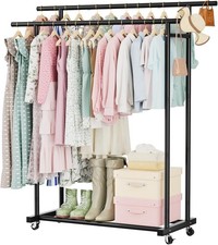 Double Rods Clothes Rack Hanging Clothes Clothing Rack W/ Wheels Portable Closet