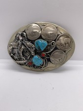 Native American Indian Art Cowboy Coral Turquoise Stone Vintage Belt Buckle