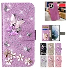 Butterfly Bling Flip Leather Diamond Card Wallet Women Rhinestone Phone Case