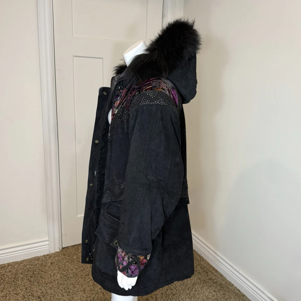 PARKA DE GAMUZA VINTAGE AÑOS 80 con CAPUCHA RIBETE DE PIEL DE ZORRO M Terciopelo Boho Abrigo Chaqueta Retazos Foto 4 de 4