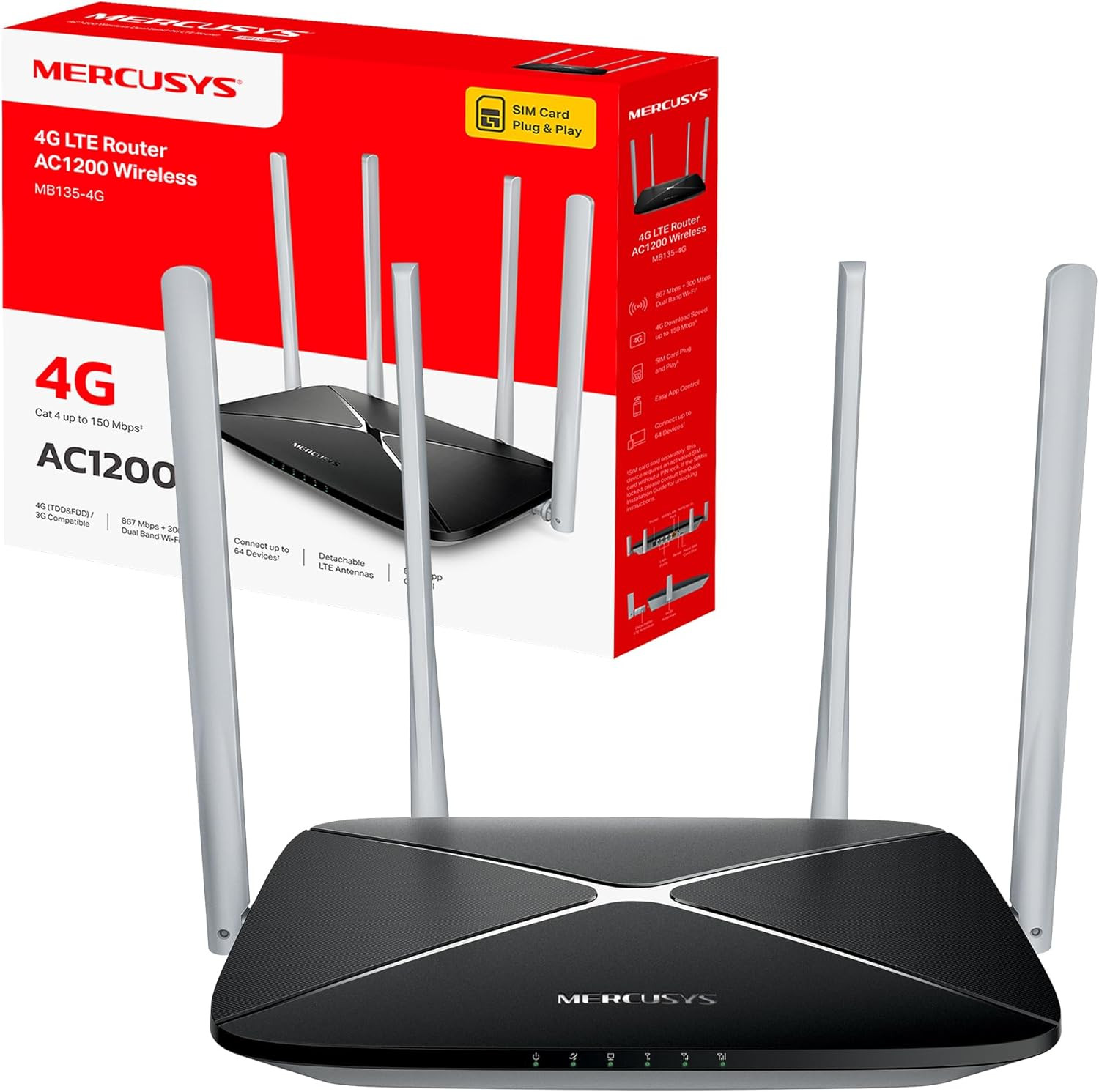 Router 4G LTE MB135-4G AC1200 - Modem WiFi con SIM 4 Antenne