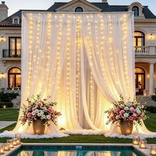 Best 1010ft White Tulle Backdrop Curtains with Lights String for Wedding Parties