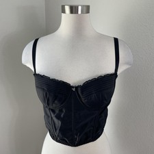 Guess Bustier Corset Top Womens Large Black Mesh Ruffle Logo Strappy Trim