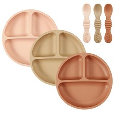 PandaEar 3 Pack Toddler Plates with 3 Spoons, One Size, Pink/Brown/Brick red