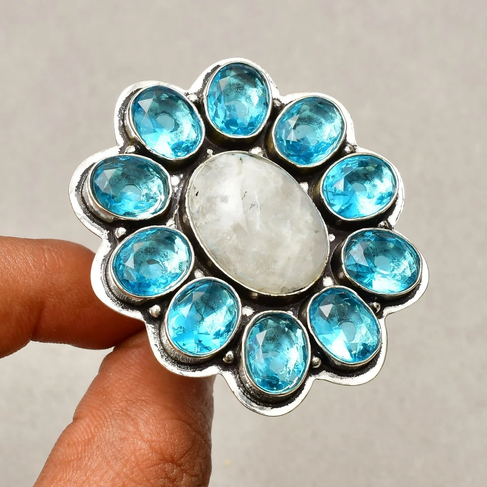 Anello gioiello in argento sterling 925 con pietra di luna arcobaleno misura 9" - Immagine 2 di 4