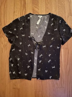 Aerie Women's Pajama Top S Black White Polka Dot Bow Tie Front V-Neck