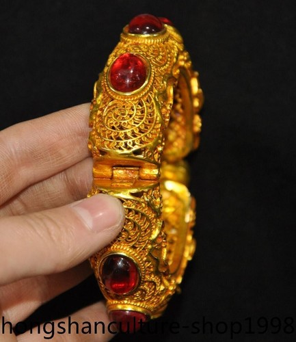 bronze gilt wealth Feng Shui animal dragon bead Exorcism bracelet hand ring - Picture 4 of 6
