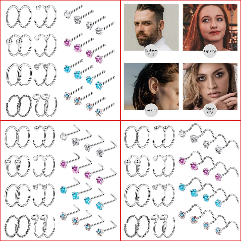 32-64件装鼻环手术钢心/星星/圆形/方形CZ鼻钉套件20G — 第 2/4 张图片