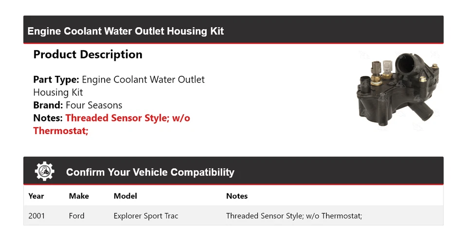 Ford Explorer Sport Trac 2001 motor refrigerante salida de agua kit de carcasa 4 estaciones Foto 2 de 4