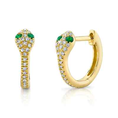 14K Gelbgold Diamant Smaragd Schlange Huggie Ohrringe natürlich 0,21 ctw