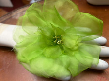 vintage millinery 1960s hand rolled pin back 6" flower apple green organza USA