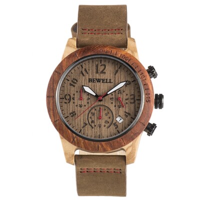Bewell Holzuhr Herrenuhr Chronograph Datum Olivenholz+Sandelholz 42mm Armbanduhr