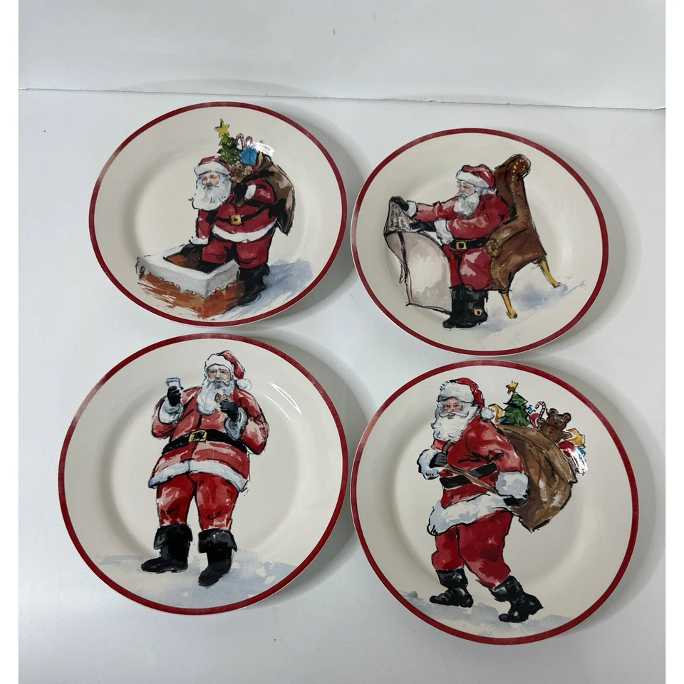 Pottery Barn Christmas Santa Claus Round Salad Plates Set Of 4 - Image 2 of 4