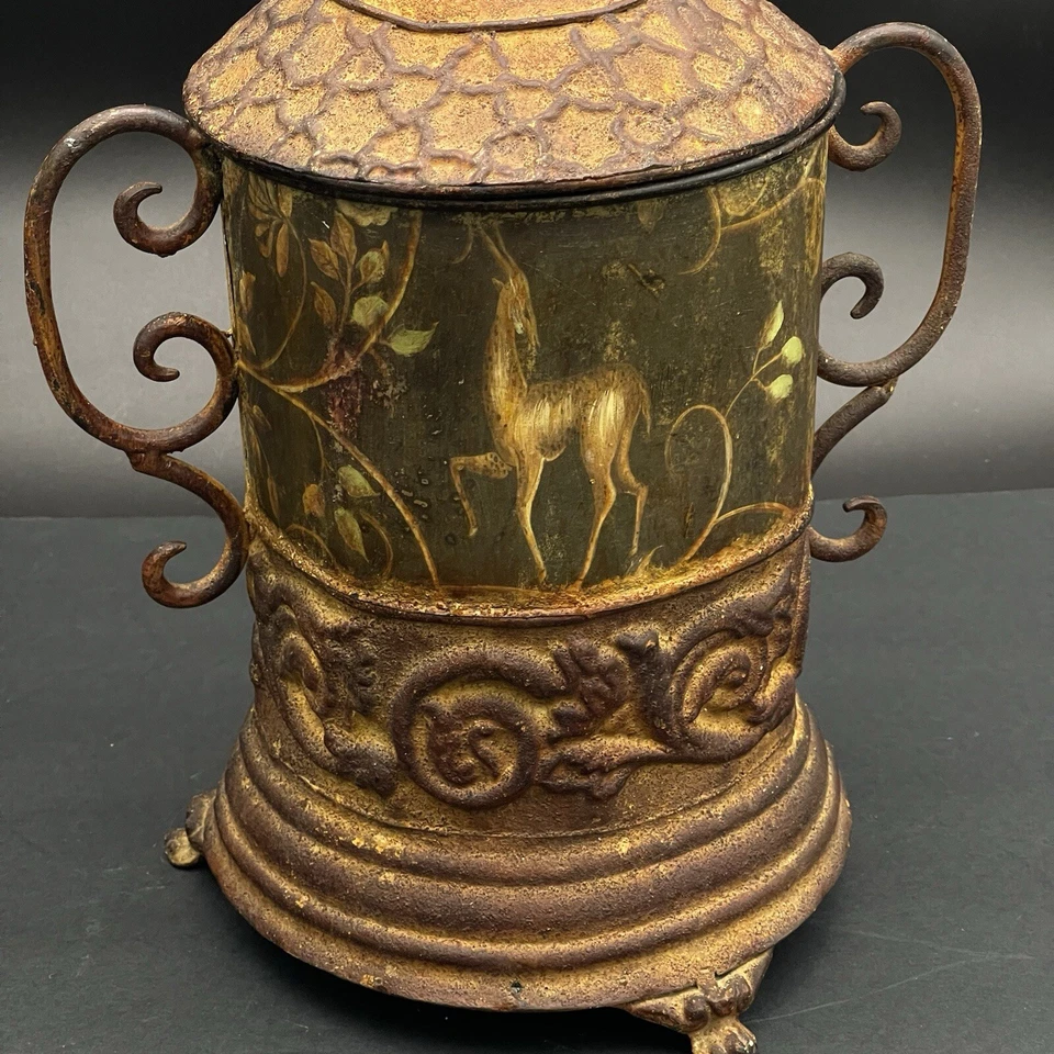 Rustic Decor Large Metal Jar Canister with Lid Woodland Scene Faux Rust 13 3/4" - Image 4 of 4