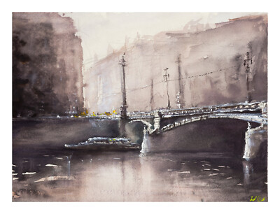 Original Aquarell Gemälde Malerei impressionistisch urban Schienen Bahnhof 