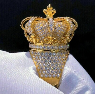 4 Ct Round Real Moissanite Men's King Crown Top Ring 14k Yellow Gold Plated