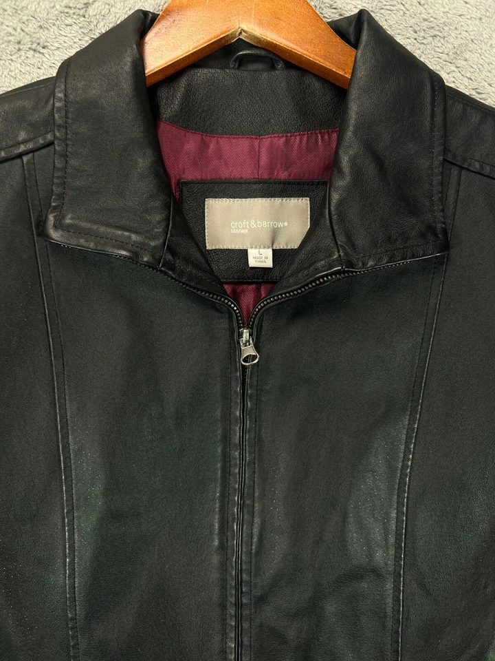 Jaqueta de Couro Croft Barrow Feminina Preta Grande Cetim Forrado Borgonha Casaco com Zíper - Imagem 2 de 4