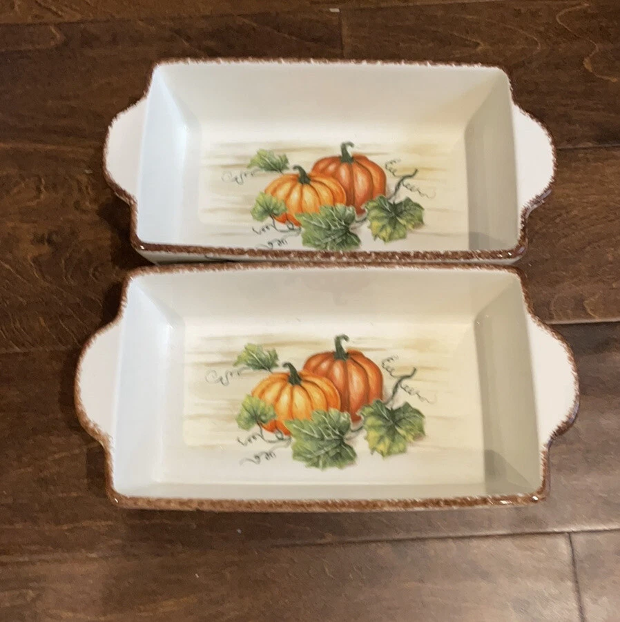 Maxcera Pumpkin Print Loaf Pans Stoneware Dishes Set Of 2 New Fall Thanksgiving