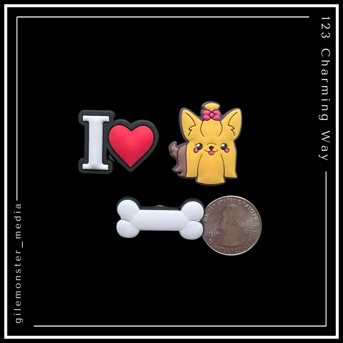 3 Shoe Charms for Crocs YORKSHIRE TERRIER Yorkie Dog Perro Bone I Heart Love