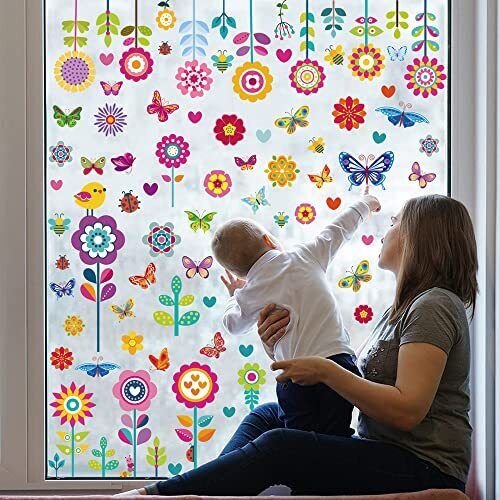 Spring Garden Flower Window Clings,Plant Bee Butterfly Summer Floral Stickers - Bild 1 von 5
