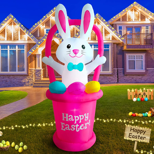 7Ft Easter Inflatable Yard Decorations Blow up Easter Bunny with Basket Light