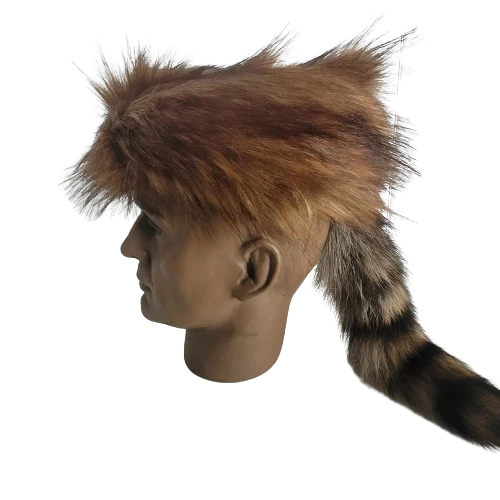 Plushy Coonskin Davey Crockett Cap Real Fur Tail Raccoon Coon Daniel Boone Hat  - Image 3 of 4