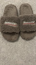 Balenciaga Brown Fuzzy Slide Slippers Women Flat Closed Toe Slip-On Comfortable