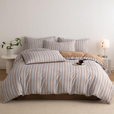 Reversible Cotton Duvet Cover Set, Orange Blue Stripes, Queen Size