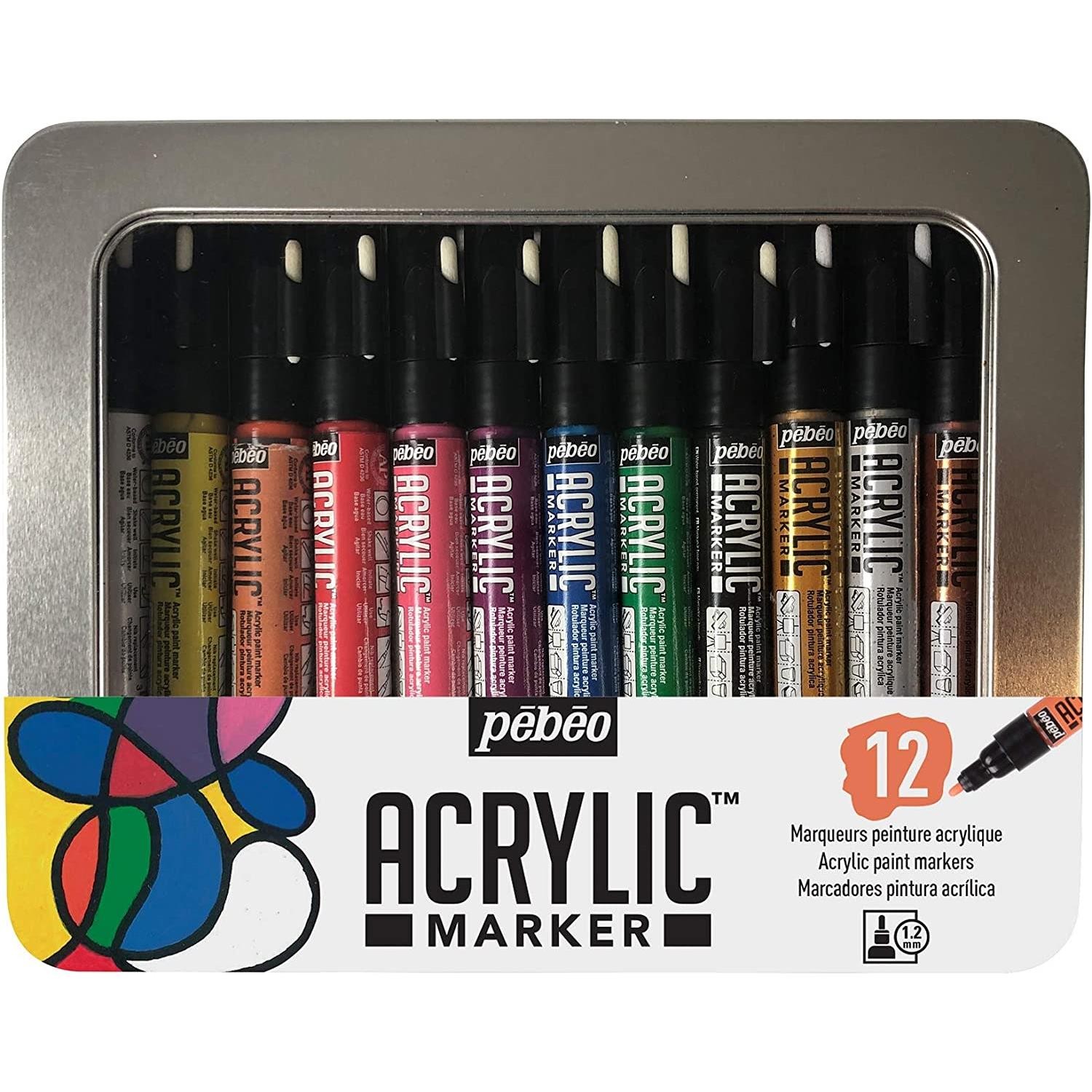 Boite metal de 12 marqueurs acryliques Pebeo 1.2 mm assortis